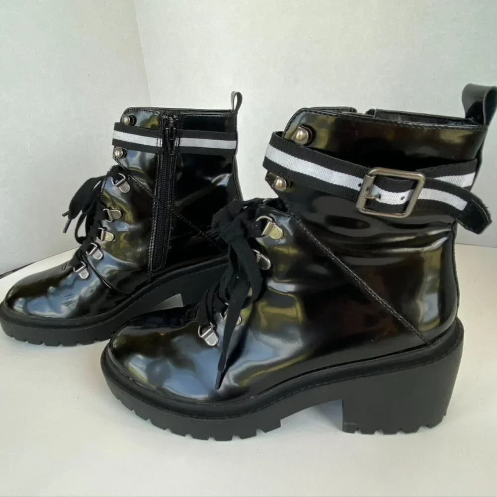 Black Patent Leather Combat Biker Boots Sz 7.5